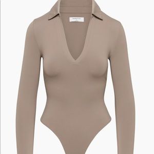 Beige Aritzia Contour Polo Longsleeve Bodysuit